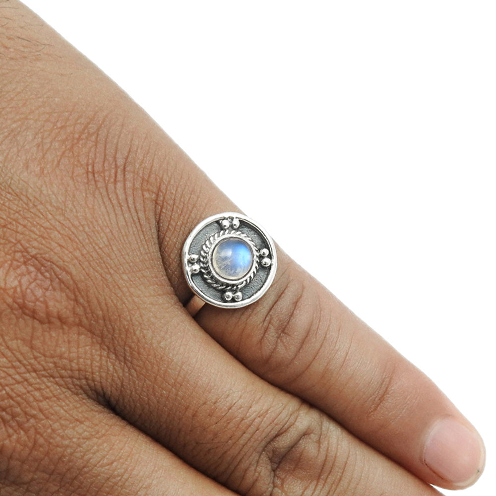 Round Rainbow Moonstone Stone Unique Band Ethnic Ring Solid Sterling Silver