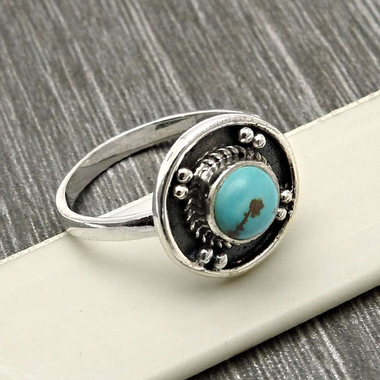 Round Natural Turquoise 925 Solidâ Silver Bezel Handcrafted Band Anniversary Ring