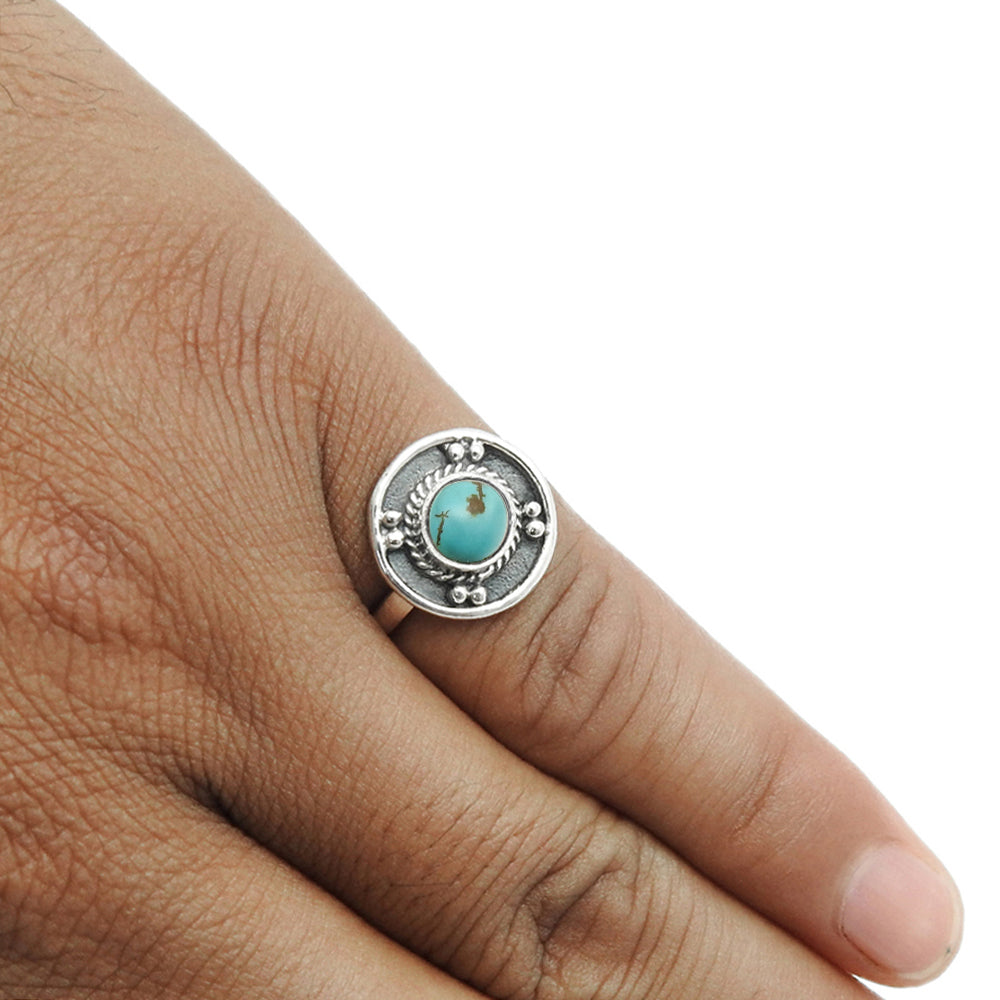 Round Natural Turquoise 925 Solid Silver Bezel Handcrafted Band Anniversary Ring