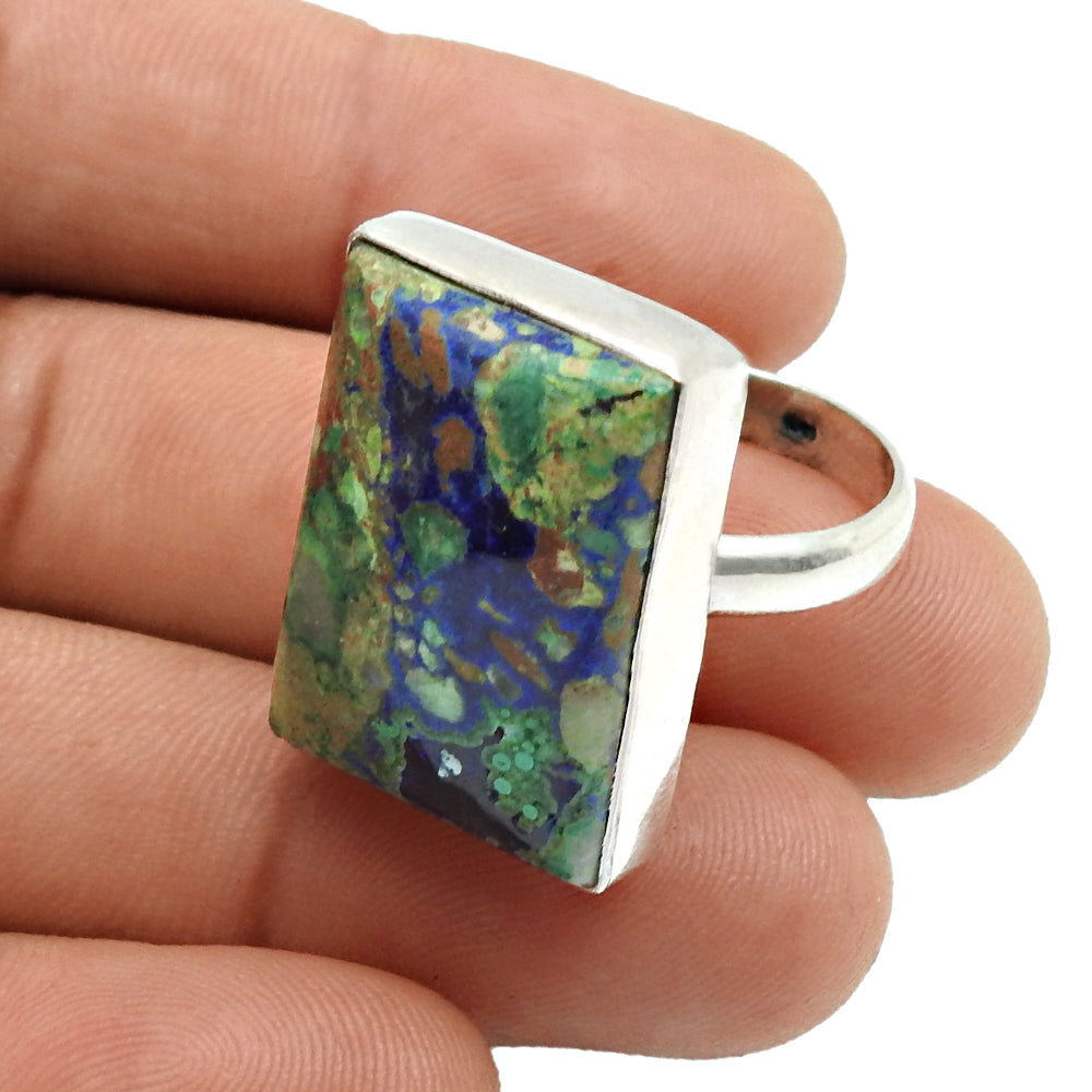 Natural Azurite Malachite Gemstone 925 Silver Cocktail Ring For Women X16