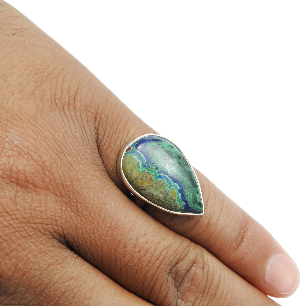 Gift For Woman Natural Azurite Malachite Cocktail Ring 925 Silver A36