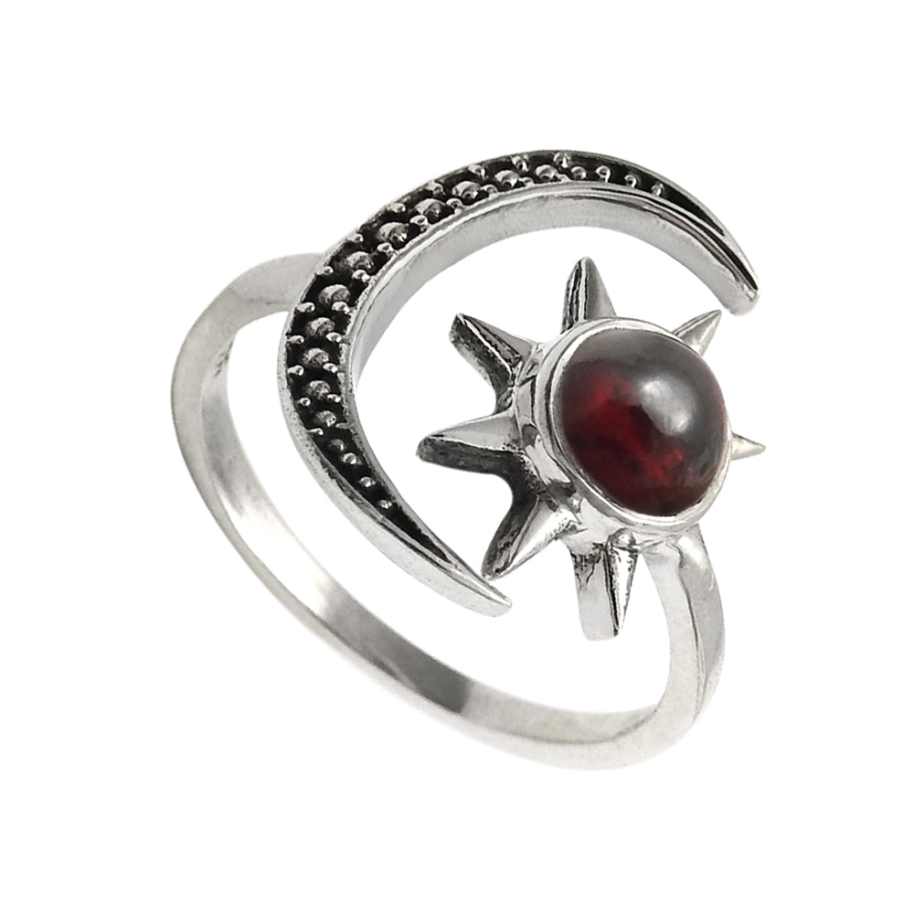 Natural Garnet Gemstone Cocktail Sun And Moon Adjustable Ring 925 Silver V20
