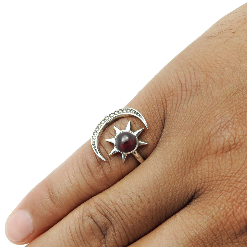Natural Garnet Gemstone Cocktail Sun And Moon Adjustable Ring 925 Silver V20