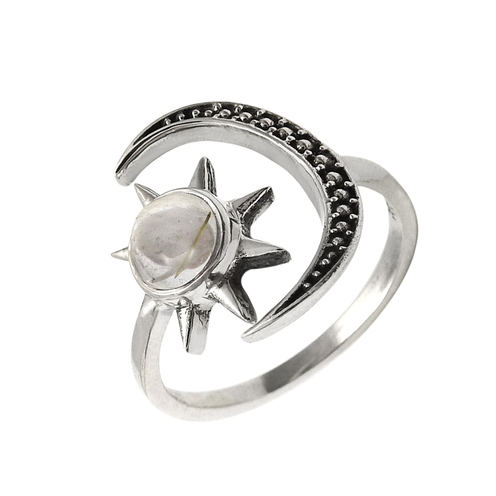 Natural Golden Rutile Cocktail Moon Adjustable Ring 925 Silver For Girls X20