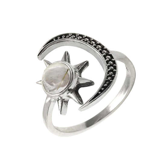 Natural Golden Rutile Cocktail Moon Adjustable Ring 925 Silver For Girls X20