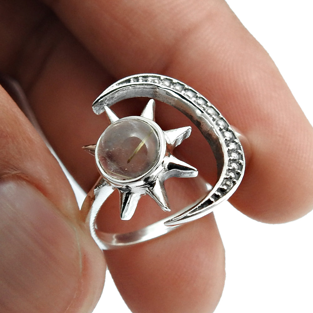 Natural Golden Rutile Cocktail Moon Adjustable Ring 925 Silver For Girls X20