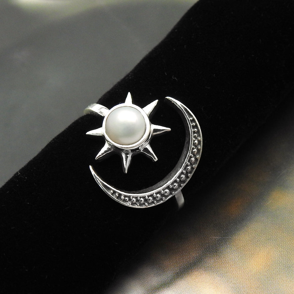 Natural Pearl Cocktail Sun and Moon Adjustable Ring 925 Silver For Girls A21
