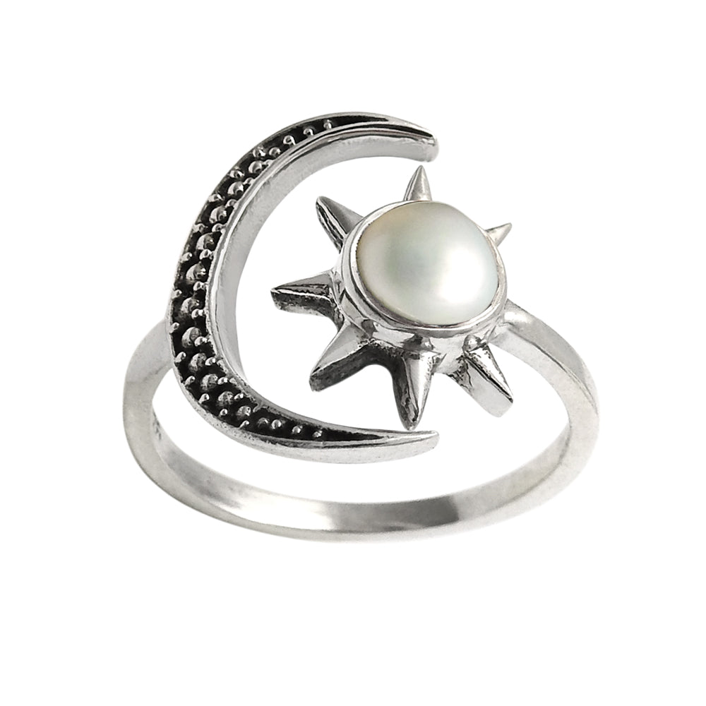 Natural Pearl Cocktail Sun and Moon Adjustable Ring 925 Silver For Girls A21