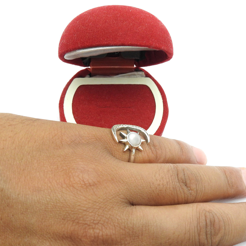 Natural Pearl Cocktail Sun and Moon Adjustable Ring 925 Silver For Girls A21