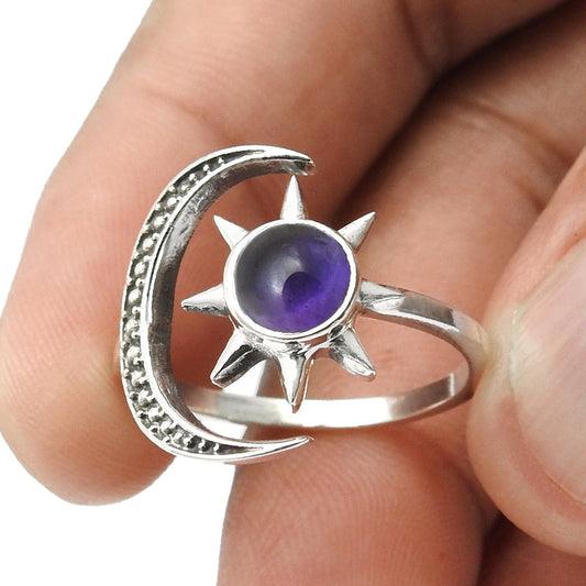 Natural Amethyst Cocktail Sun And Moon Purple Adjustable Ring 925 Silver D21