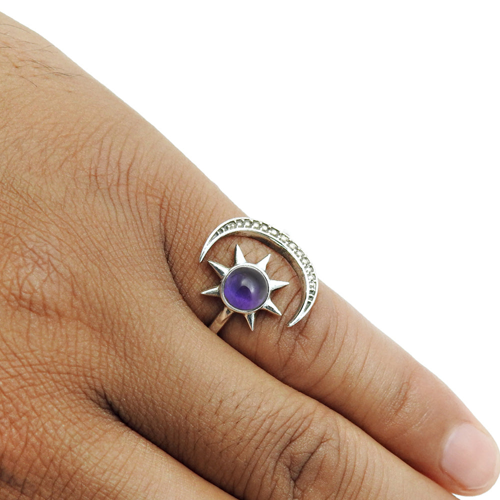 Natural Amethyst Cocktail Sun And Moon Purple Adjustable Ring 925 Silver D21