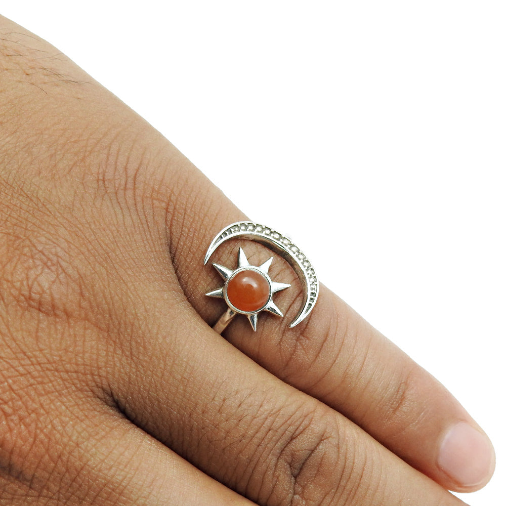 Gift For Woman Natural Carnelian Cocktail Moon Adjustable Ring 925 Silver G21