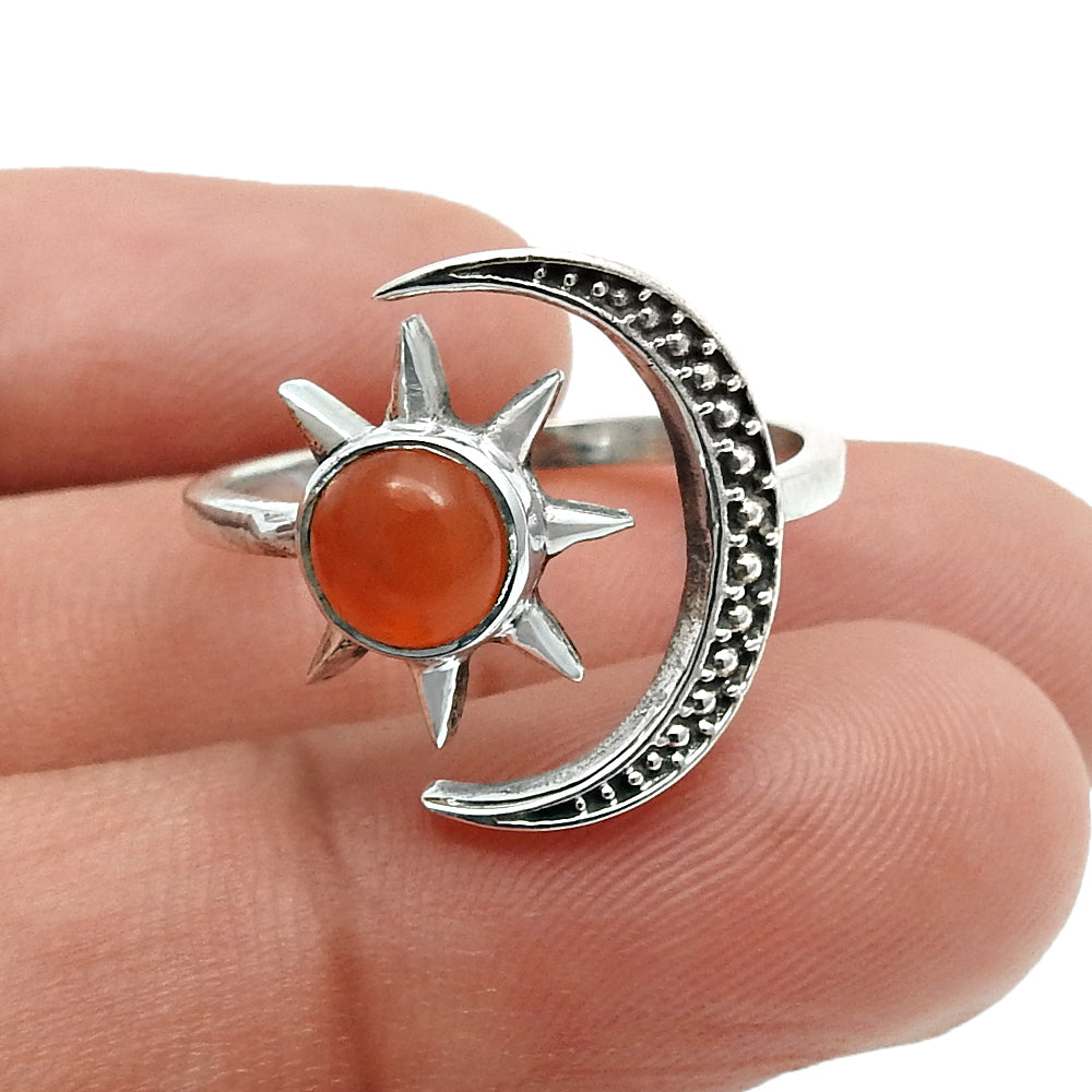 Gift For Woman Natural Carnelian Cocktail Moon Adjustable Ring 925 Silver G21