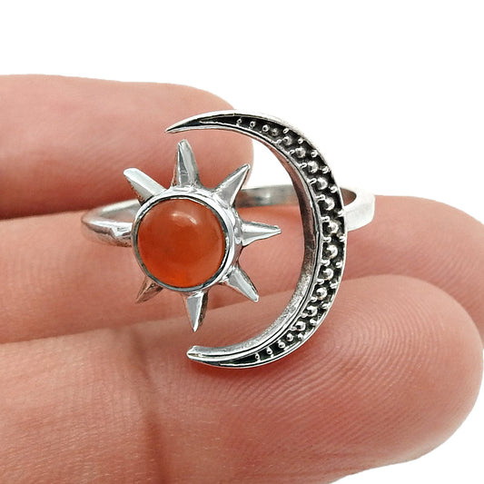 Gift For Woman Natural Carnelian Cocktail Moon Adjustable Ring 925 Silver G21