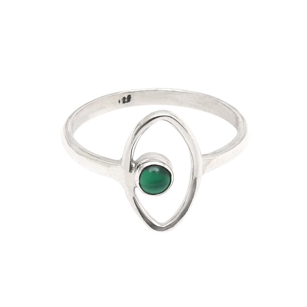 Round Natural Green Onyx Solid Sterling Silver Band Promise Evil Eye Ring
