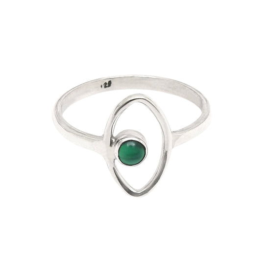 Round Natural Green Onyx Solid Sterling Silver Band Promise Evil Eye Ring