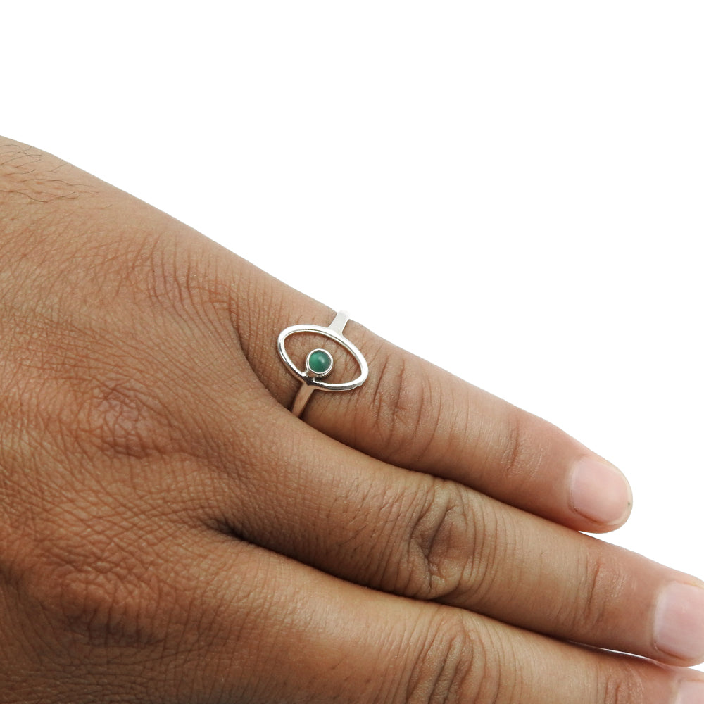 Round Natural Green Onyx Solid Sterling Silver Band Promise Evil Eye Ring