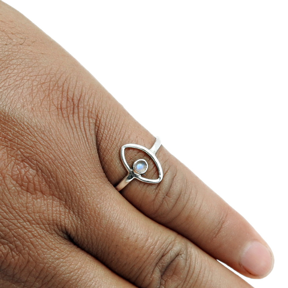 Round Rainbow Moonstone Gemstone Evil Eye Band Ring Solid Sterling Silver