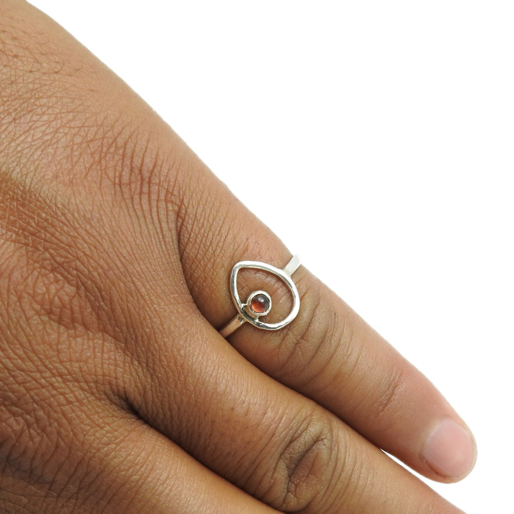 Round Garnet Stone Bezel Unique Band Drop Wife Ring Solid Sterling Silver