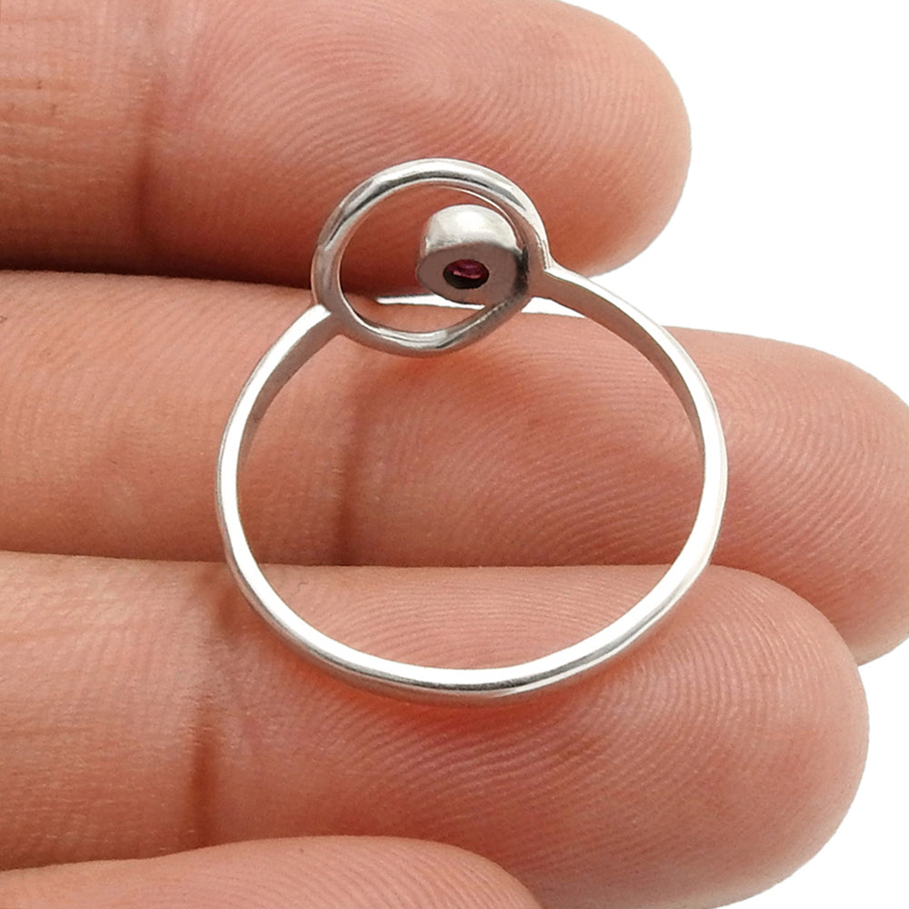 Round Garnet Stone Bezel Unique Band Drop Wife Ring Solid Sterling Silver