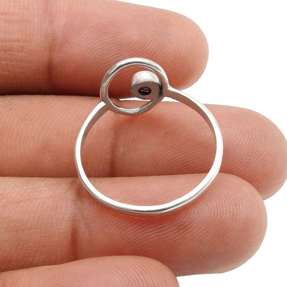 Round Amethyst Stone Solid Silver Birthday Band Mother Statement Drop Ring