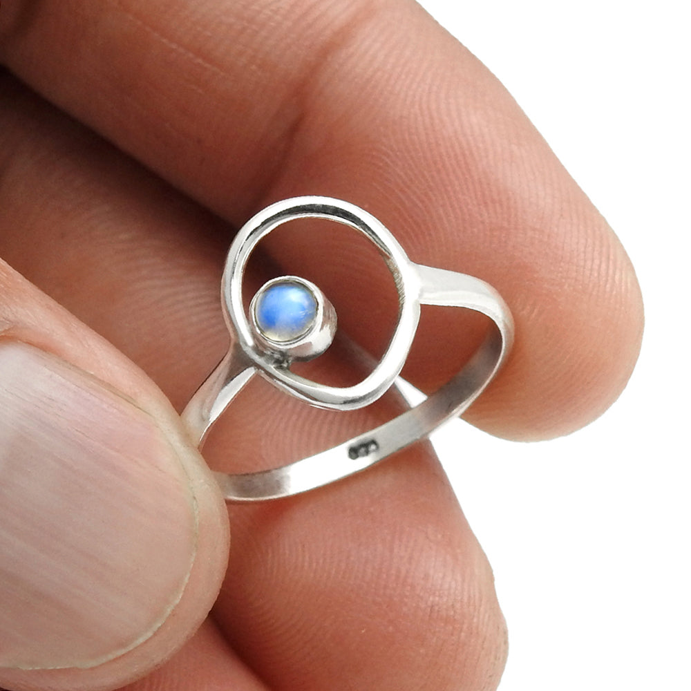 Round Natural Rainbow Moonstone 925 Silver Statement Band Ring