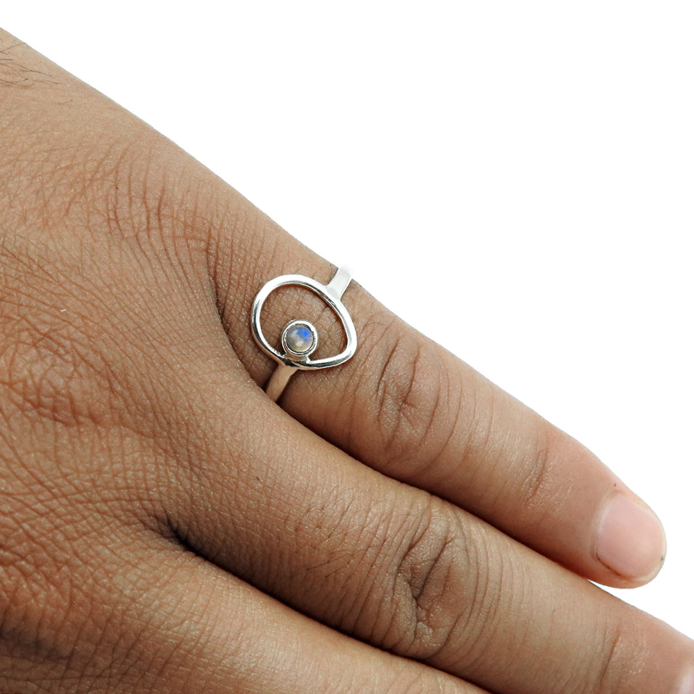 Round Natural Rainbow Moonstone 925 Silver Statement Band Ring