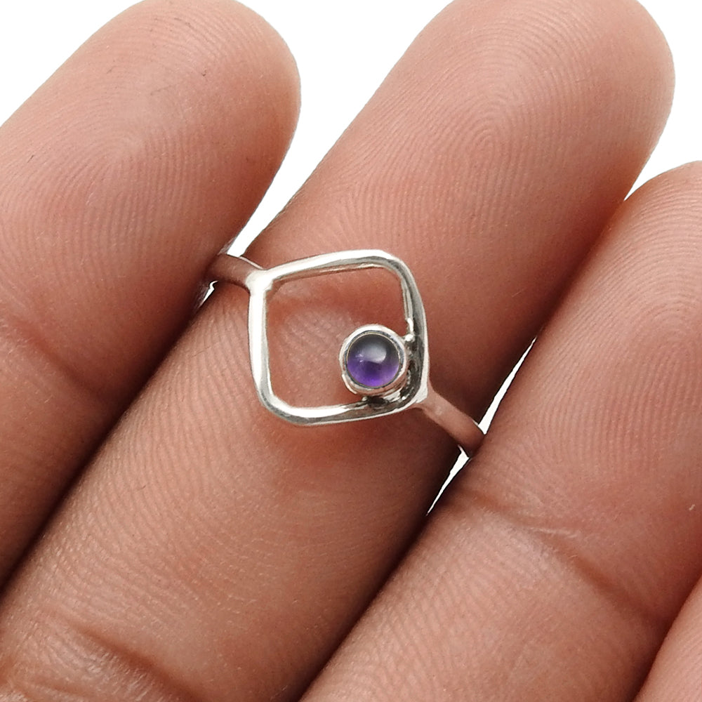 Round Natural Amethyst 925 Silver February Handcrafted Wife Band Bezel Ring