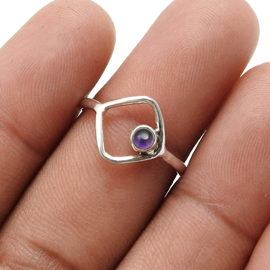 Round Natural Amethyst 925 Silver February Handcrafted Wife Band Bezel Ring