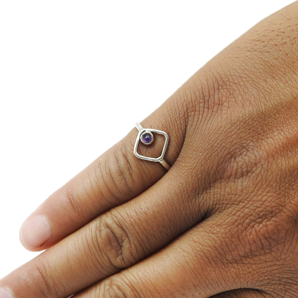Round Natural Amethyst 925 Silver February Handcrafted Wife Band Bezel Ring