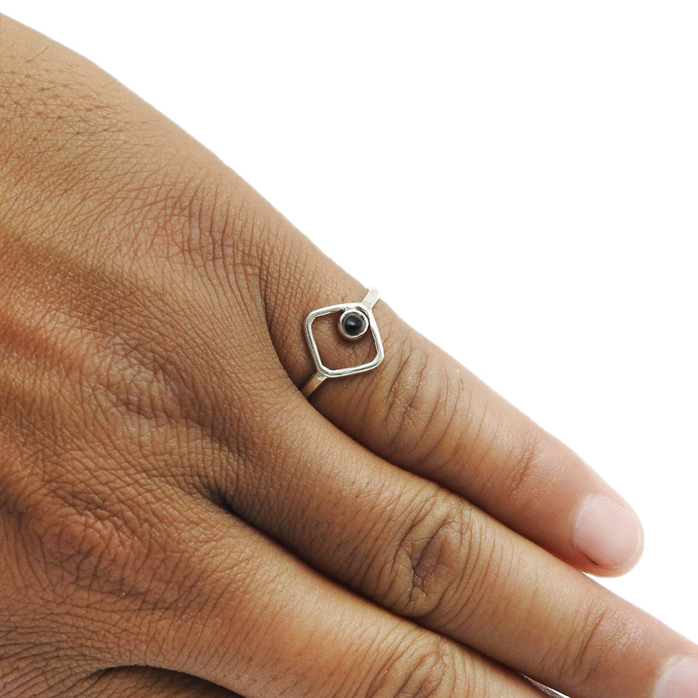 Round Black Onyx Gemstone Boho Band Birthday Mother Ring Solid Silver