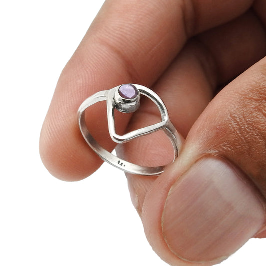 Crown Chakra Amethyst Gemstone 925 Sterling Silver Triangle Band Bezel Ring