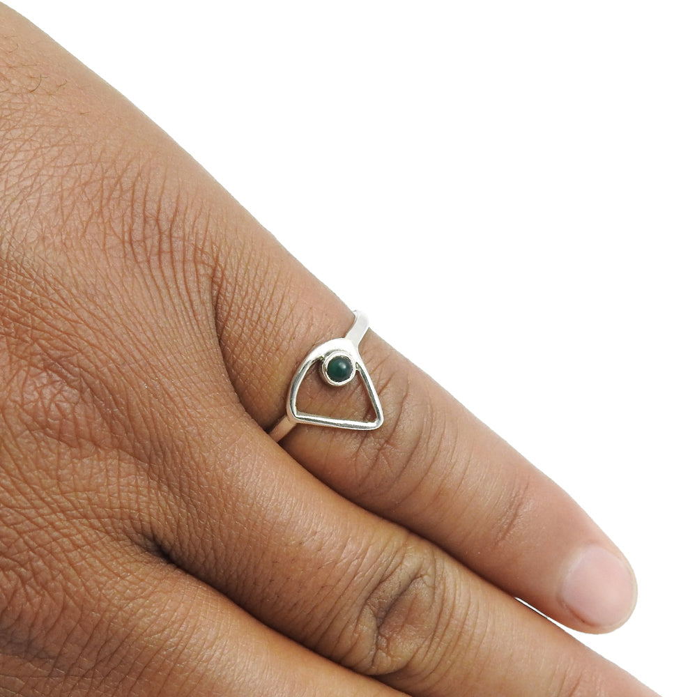 Round Natural Green Onyx Band Triangle Unique Ring Solid Sterling Silver