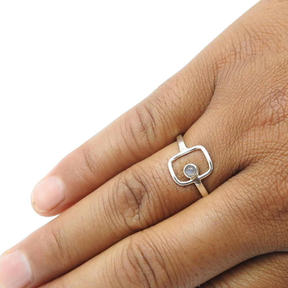 Natural Rainbow Moonstone Boho Band Art Deco Ring Solid Sterling Silver