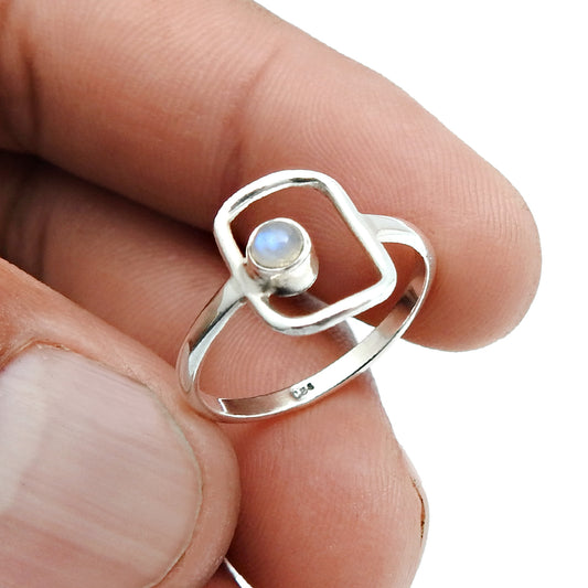 Natural Rainbow Moonstone Boho Band Art Deco Ring Solid Sterling Silver