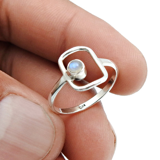 Natural Rainbow Moonstone Boho Band Art Deco Ring Solid Sterling Silver