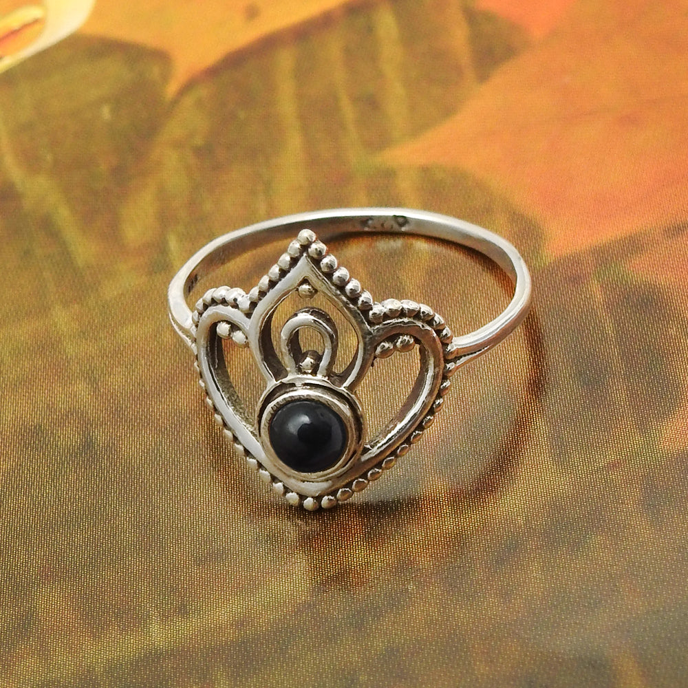Black Onyx Gemstone 925 Sterling Silver Wedding Crown Trendy Band Ring