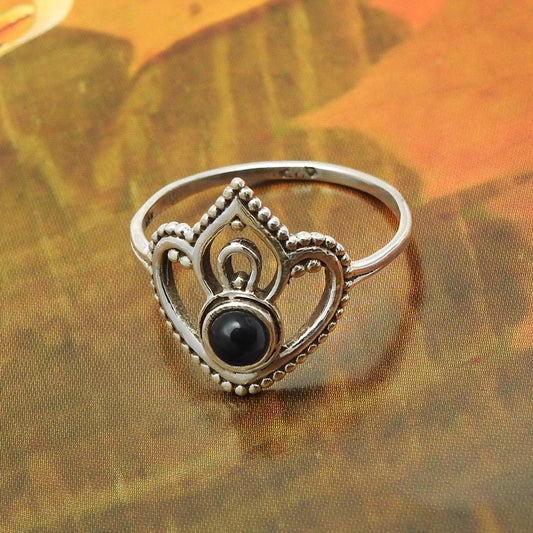 Black Onyx Gemstone 925 Sterling Silver Wedding Crown Trendy Band Ring
