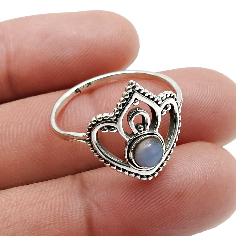 Round Chalcedony Gemstone Solid Sterling Silver Crown Bezel Band Ring