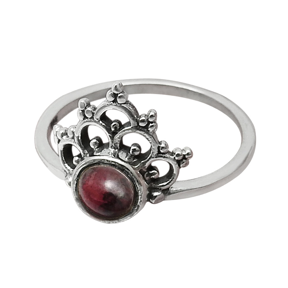 Garnet Stone January Birth Unique Band Crown Bezel Ring 925 Solid Silver