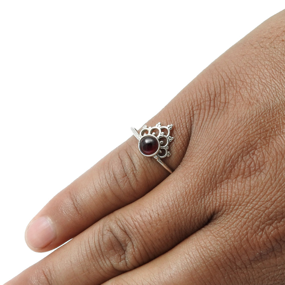 Garnet Stone January Birth Unique Band Crown Bezel Ring 925 Solid Silver