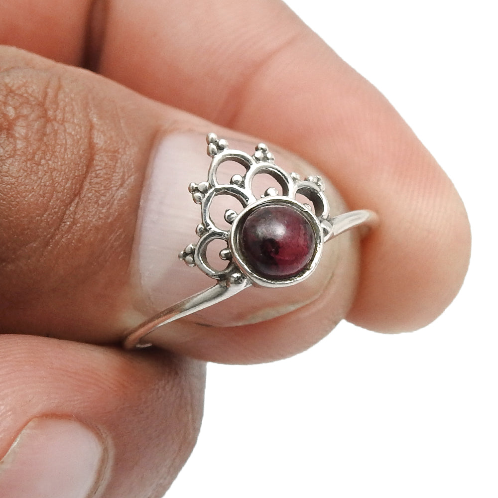 Garnet Stone January Birth Unique Band Crown Bezel Ring 925 Solid Silver