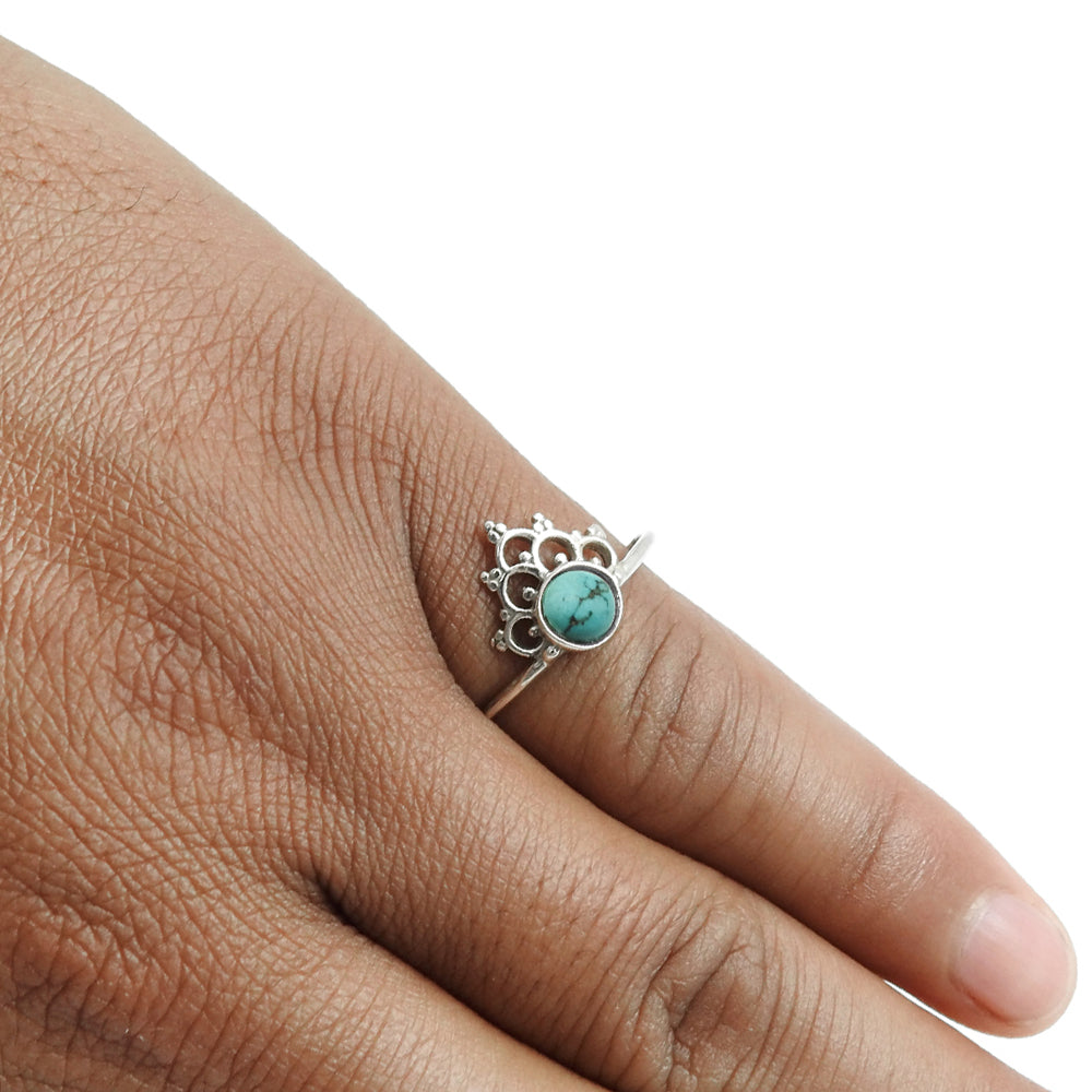 Round Turquoise Gemstone Solid Sterling Silver Wife Crown Bezel Band Ring