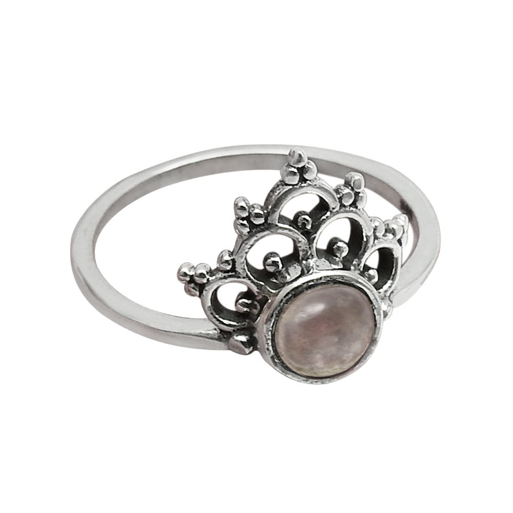 Round Natural Rose Quartz 925 Silver Band Wedding Trendy Crown Bezel Ring