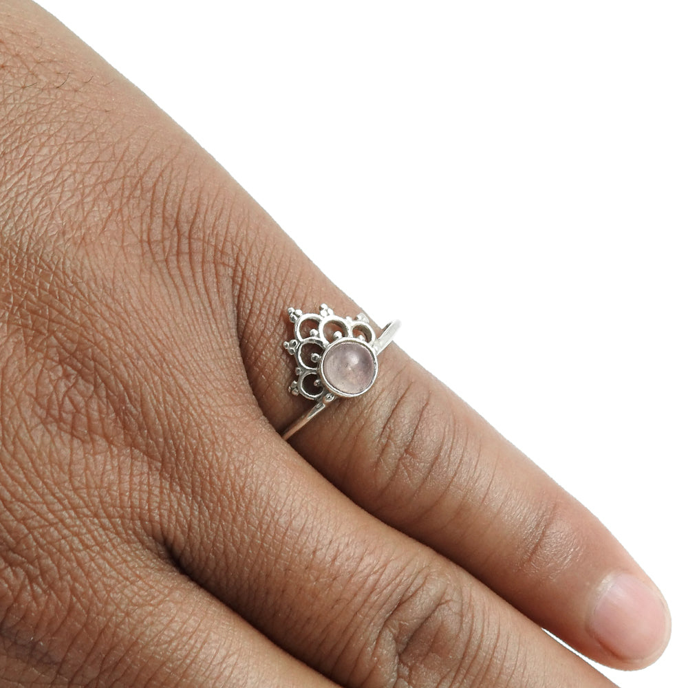 Round Natural Rose Quartz 925 Silver Band Wedding Trendy Crown Bezel Ring