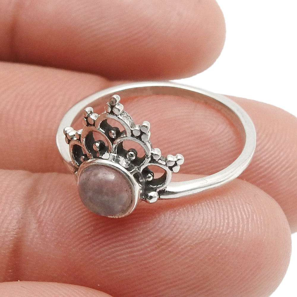 Round Natural Rose Quartz 925 Silver Band Wedding Trendy Crown Bezel Ring
