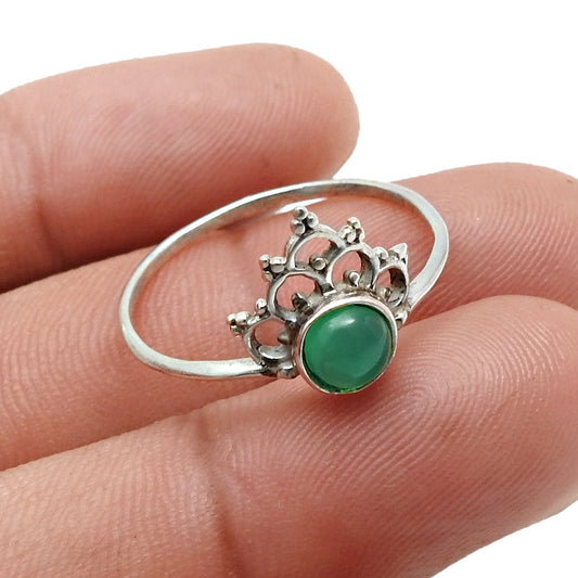 Natural Green Onyx Art Deco Band Statement Crown Ring 925 Sterling Silver