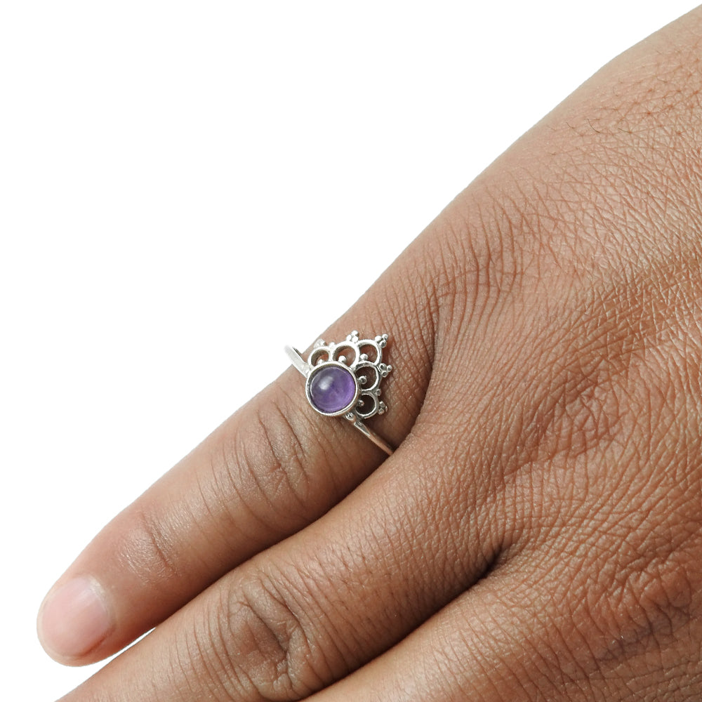 Round Amethyst Stone Crown Artisan New Band Engagement Ring Solid Silver