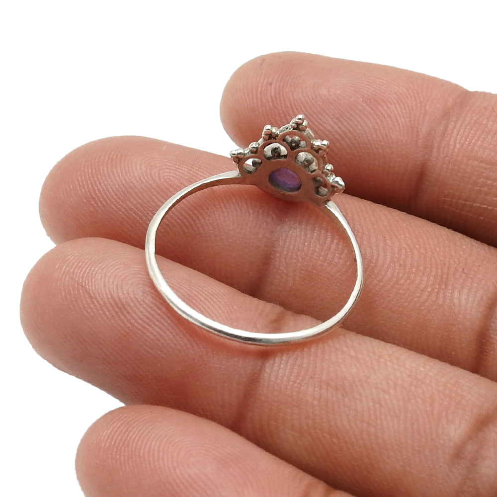Round Amethyst Stone Crown Artisan New Band Engagement Ring Solid Silver
