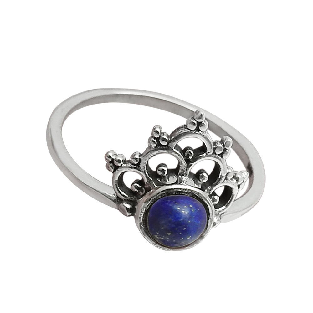 Round Throat Chakra Lapis Lazuli Gemstone Crown Wife Band Ring 925 Silver